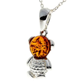 Genuine Round Cognac Baltic Amber & Sterling Silver Modern Teddy Bear Pendant without Chain - GL2025C