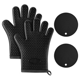 AUAUY Oven Mitts with 2 Pot Holders, Silicone Oven Gloves Heat Resistant 464°F, BBQ Gloves with Fingers, Non-Slip Oven Gloves, Cooking Gloves for Grilling Kitchen Baking Oven Microwave, Black