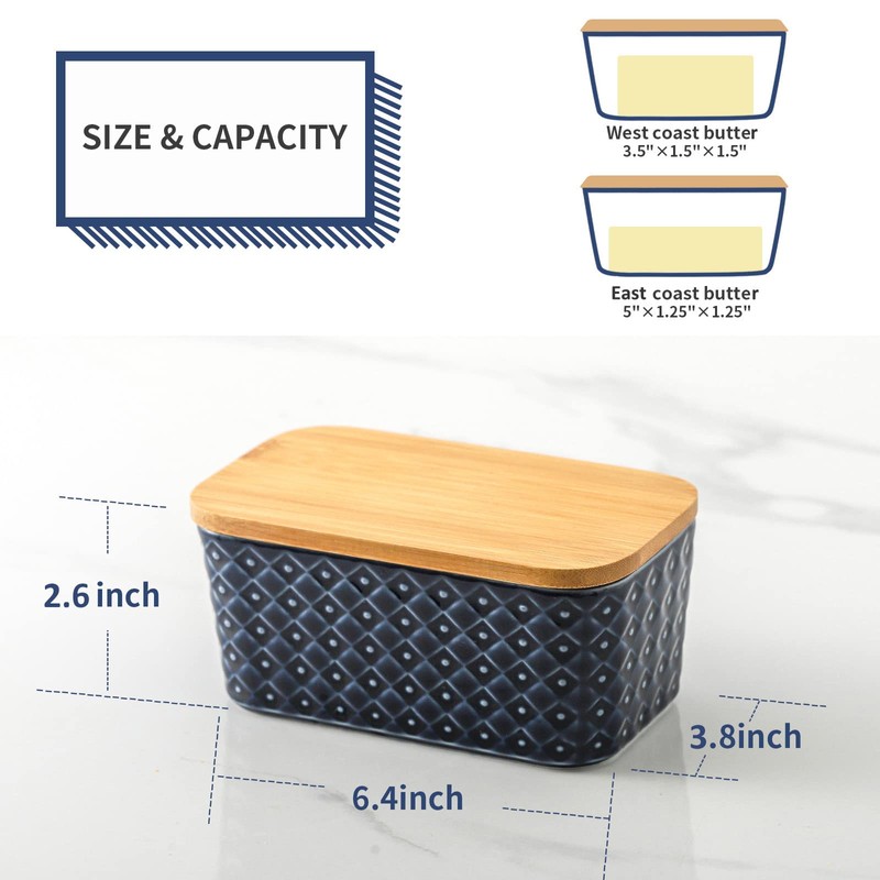 Hasense Ceramic Butter Dish with Bamboo Lid, Large Butter Container