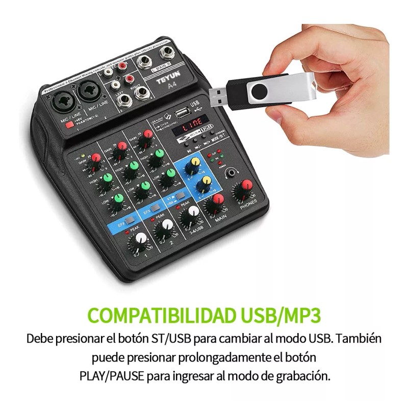 Teyun Mezclador Tarjeta De Audio De 4 Canales Bluetooth