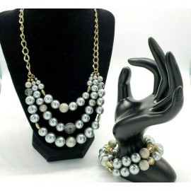 Silver Tone Textured Beaded Necklace Stretch Bracelet Set Gold Tone Chain