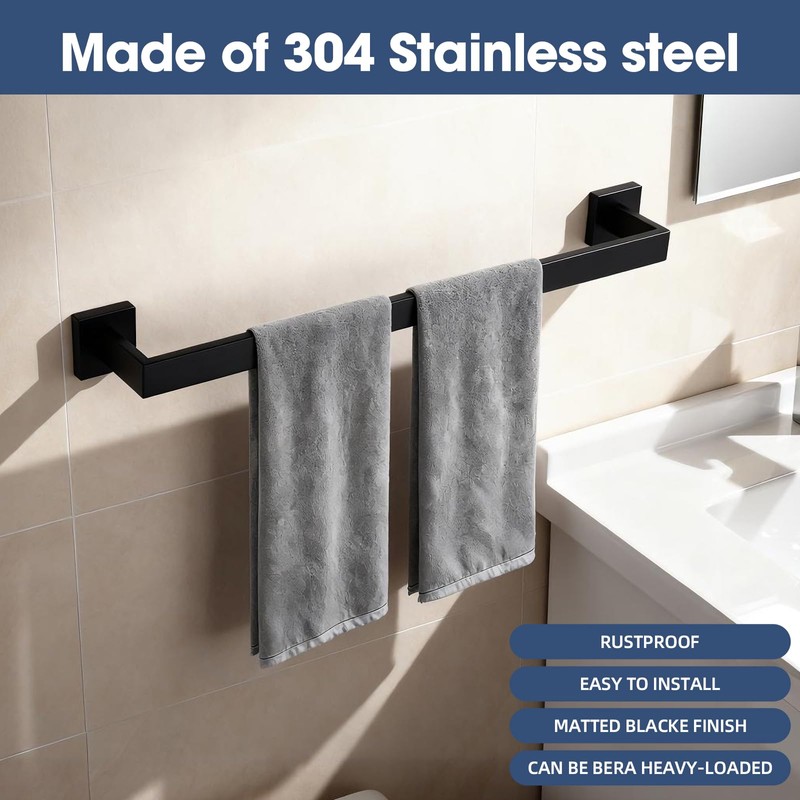 23.6 Inch Matte Black Bathroom Towel Bar Set, 2-Piece Square