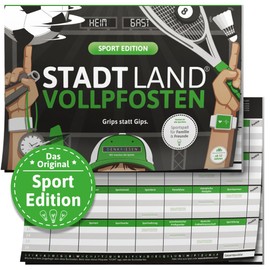 STADT LAND VOLLPFOSTEN® - SPORT EDITION "Grips statt Gips." STADT LAND FLUSS SPIELBLOCK: DIN-A4 Block mit 50 Blatt, 23 lustige Kategorien bringen ... garantiert!, Pro Runde (8 Begriffe) 2 Minuten