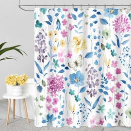 MAYZUS Extra Long Shower Curtain 72 x 84 Inch, Tall Blue Pink Floral Shower Curtains for Bathroom, Watercolor Flower Butterfly Fabric Shower Curtain Set with Hooks