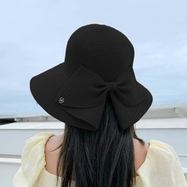MMOOVV Women's Sun Hat with Large Bow, Elegant Hat with Wide Brim, Soft and Foldable, Ideal for Summer, black