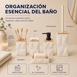 Set de Accesorios para Baño 5 Piezas con Detalles en Bambú Diseño Minimalista  Incluye Escobilla, Dispensador, Vaso, Porta Cepillos y Jabonera