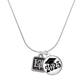 Delight Jewelry Silvertone Antiqued Square Seal - Love with Heart Script Class of 2025 Dome Charm Necklace, 18"
