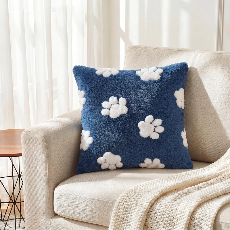 Spring Summer Pet Dog Paws Dark Blue Throw Pillow Covers
