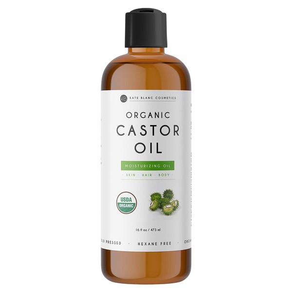 Organic Castor Oil 16oz by Kate Blanc. Cold-Pressed, 100% Pure, Hexane-Free. Promote Growth for Hair, Eyelashes, Eyebrows. Moisturizing For Dry Skin and Body. 1-Year Warranty.