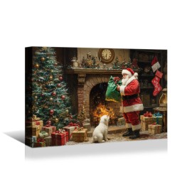 Vintage Santa and Dog Christmas Canvas: Warm Holiday Home Accent Canvas Wall Decor Essential for Living Room Bedroom Restaurantcolor: As shown, size: 48*32 inch