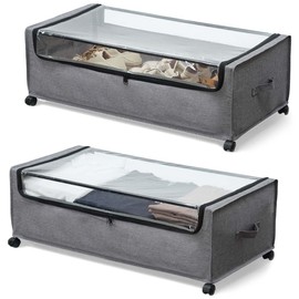 FOUCSSOMEI Under Bed Storage with Wheels, Rolling Under bed Storage with Metal Frame, Under Bed Shoe Storage for Space Saving, Zippered Clear Lid, Heavy-Duty Steel Base for Clothes,4XL 90L