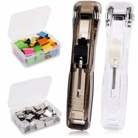 2Pcs Paper Clip Dispenser, Handheld Paper Clam Clip Dispenser with 100 Pcs Paper Clam Clip, 2Pcs Clam Clip Dispenser, Mini Push Stapler, Clam Clip Dispenser for Office School Files Assignments