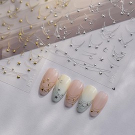 Gold Nail Stickers Star Nail Art Stickers Silver 5D Self Adhesive Nail Decals French Nail Art Decals Line Nail Design Summer Sticker for Women Girls Accessories DIY Manicure 2 Sheets