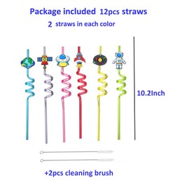 12pcs (6 Styles) Drinking Plastic Straws Reusable Outer Space Design Reusable Straws with 2 Brushes for Kids Birthday Pool Underwater Party Decorations Gift (Outer Space Design 12pcs)