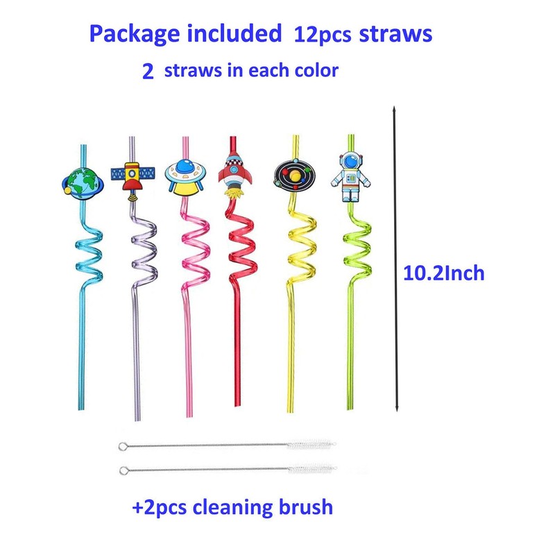 12pcs (6 Styles) Drinking Plastic Straws Reusable Outer Space Design