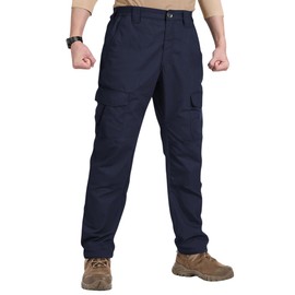 DOWMQ Mens Hiking Cargo Pants with 8 Pockets Elastic Waist Waterproof Ripstop Tactical Pants for Hunting Climbing Navy Blue S