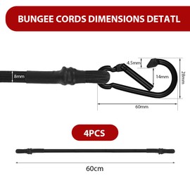 Adiwo Bungee Cords with Carabiner Clips, 4 Pack 60cm/24Inch Black Extra Strong Bungee Straps with Hooks, Removable Heavy Duty Carabiner, for Camping, Tent, Garden, Awning, Tarps, Bike, Car
