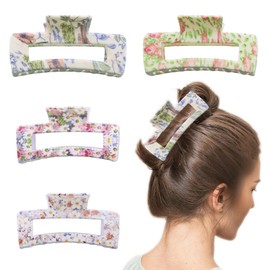 4 Pcs Square Floral Hair Claws Clips for Women, Non-slip Large Medium Claw Clips with Strong Hold Jaw, Summer Cute Fashion Accessories for Thin Thick Long Curly Hair