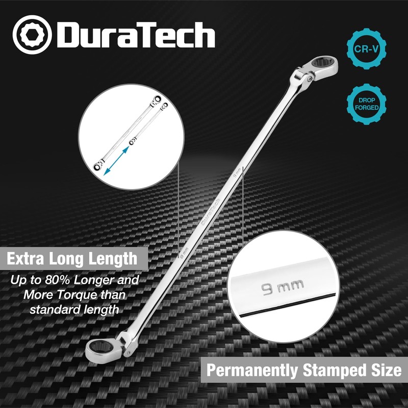 DURATECH 8 * 9 mm Extra Long Flex-Head Ratcheting Wrench,