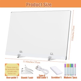 LED Note Board with Colors, 13.7"X10" Acrylic Dry Erase Board with Light, 6 Colors Led Acrylic Message Board, Glow Memo LED Light-Up Writing Board with Stand, 7 Markers
