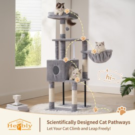 Heybly Cat Tree, 49.2 Inches Cat Tower for Indoor Cats, Spacious Cat House Condo with Hidden Space，Sturdy Steel Tube，Soft Plush Top Perch，Cozy Hammock and Sisal Scratching Posts, Light Gray HCT200SW