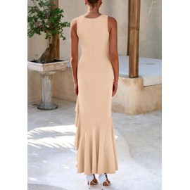 PRETTYGARDEN Wedding Guest Dresses for Women 2025 Summer Formal Gala Maxi Dress Ruffle Mermaid Cocktail Long Dresses(Apricot,X-Large)