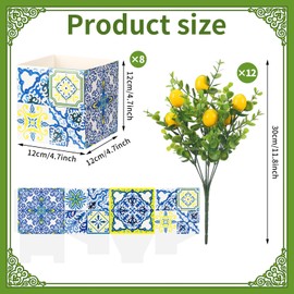 Giegxin Blue Tiles Lemon Table Centerpiece Decor Amalfi Coast Box Decorations with Artificial Lemon Branches for Capri Mediterranean Positano Wedding Birthday Party Decor(8 Sets)