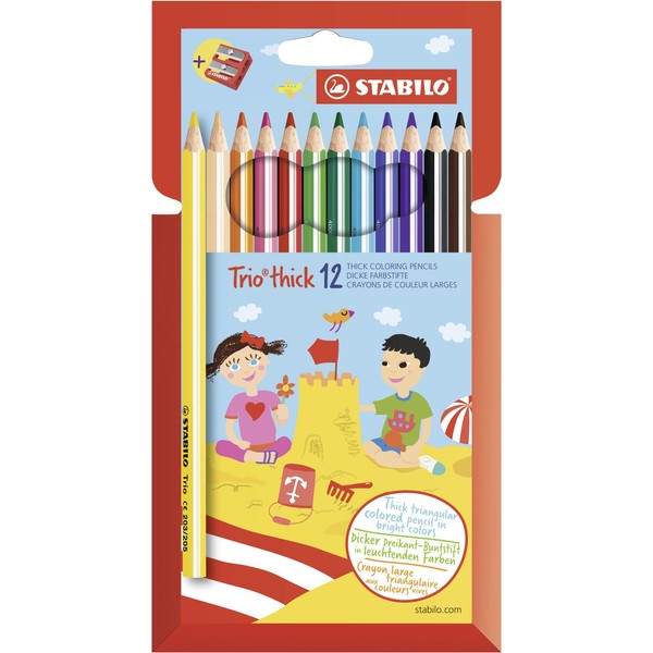 STABILO Trio Thick Colouring Pencils with Sharpener - Assorted Colours, Wallet of 12,203/2-12