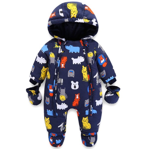 Baby Hooded Romper Snowsuit with Gloves Booties Winter Outfits 9-12