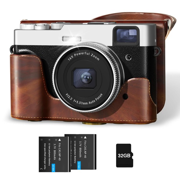 SIXTARY 4K Digital Camera, 48 Megapixels, Autofocus, Image Stabilization, 16x Zoom, Multifunctional, For Beginners, Lightweight, Finder, Mode Dial, Genuine Leather Camera Bag Included, 32G Card Included
