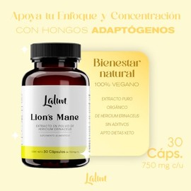 Melena de León Extracto Orgánico 750mg | Hongo Adaptógeno Nootrópico | Apoya Memoria, Enfoque y Función Cognitiva | Lion's Mane Cápsulas Veganas Sin A
