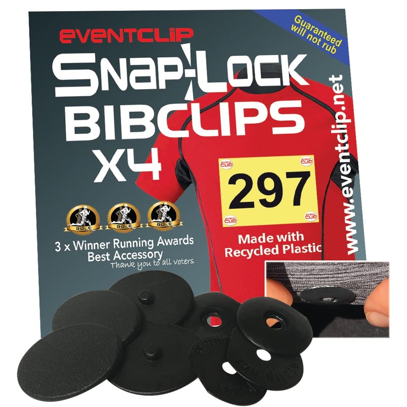 EventClip Black Snap-Lock BibClips made with Recycled plastic. Fed up