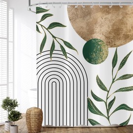 ASDCXZ Boho Shower Curtain 180x200 cm, Modern Abstract Art Boho Style Retro Sun Green Leaves White Bath Washable Shower Curtains Polyester Textile Waterproof Bath Curtain for Bathtub with 12 Hooks