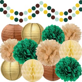 Green Gold Party Decorations: Tissue Paper Pom Poms, Lanterns, Dots Garland String Hanging Backdrop for Engagement, Boho Wedding, Bachelorette, Baby Shower, Birthday