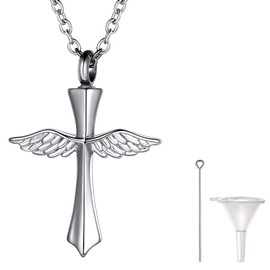 Richsteel Wings Cross Cremation Necklace, Crucifix Pendant with Resizable Rolo Chain(20"+2"), Can Put Ashes(with Tools), Stainless Steel Memory Religious Jewelry Cremains Necklace