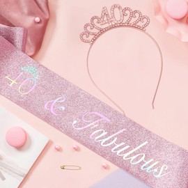 navdlizu 40th Birthday Outfits for Women,Happy 40 & Fabulous Pink Birthday Party Sash and Crown Includes Pin Tiara Headband Outfits Accessories Decorations Gifts Unique for Women Girls Adult Friend