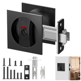Aglehome Square Pocket Door Lock with Color Coded Indicator, Black Contemporary Privacy Pocket Door Hardware, Sliding Pocket Door Lock, Flush Pocket Door Latch for Bed/Bath, 2-3/8" Backset