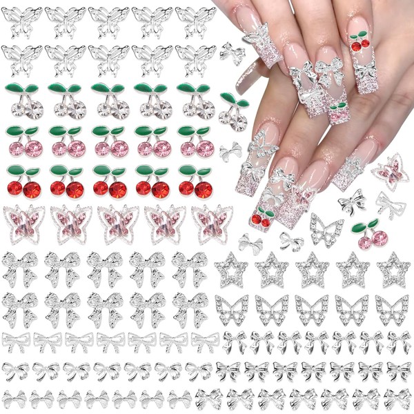 110 Pcs Silver Nail Art Charms, 3D Butterfly Cherry Star