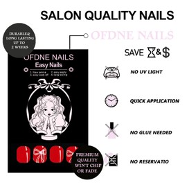 Christmas Press on Nails Short Almond OFDNE Red Fake Nails False Nails with Designs Bow Rhinestones Full Cover Glossy Glue on Nails Acrylic Nails for Women Girls 24 Pcs