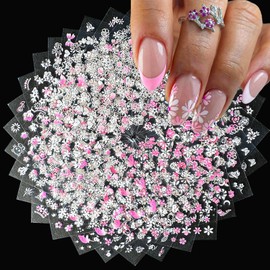 30 Sheets White Flower Nail Art Stickers White Pink Flower Nail Decals 3D Self Adhesive Nail Stickers Cute Daisy Floral Nail Decals Nail Supplies Nail Art Design Decoration Accessories for Women Girls