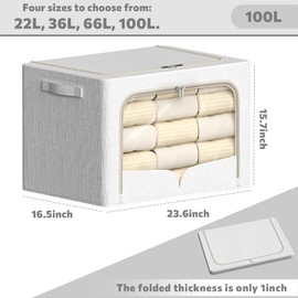 3 Pack Clothes Storage Bins - Foldable Metal Frame Storage Box - Stackable Linen Fabric Container Organizer Set with Carrying Handles and Clear Window (Cream White, 23.6x16.5x15.7inch(100L))