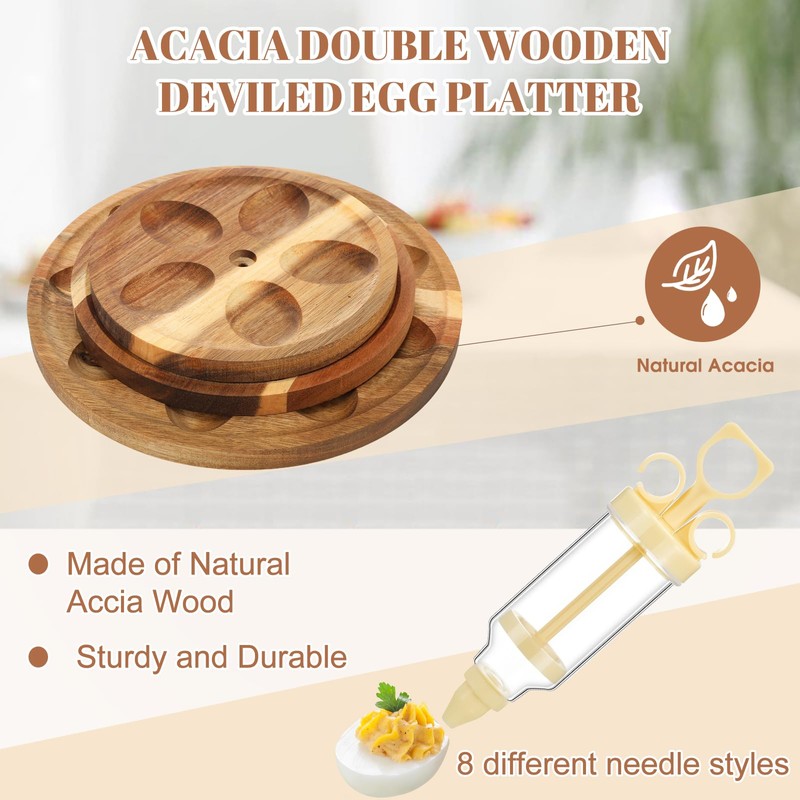 Memorywuu 2 Pcs Double Wooden Deviled Egg Platter 3 Tier