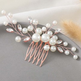 Latious Peine lateral para el pelo con perlas de imitación plateadas, accesorios para el pelo para mujeres y niñas (U - oro rosa)