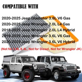 Engine Cabin Air Filters Compatible with 18-25 Jeep Wrangler JL 2.0L 3.6L, 20-25 Gladiator 3.6L, Replace 68301863AA 68257030AA CF12450 WA10841 C21423 AF5277 CAF10022P Engine Cabin Air Filtration