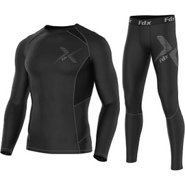 FDX Mens Power Pro Compression Base Layer Under Gear Compression Top & Leggings Set (Black/Grey, Large)