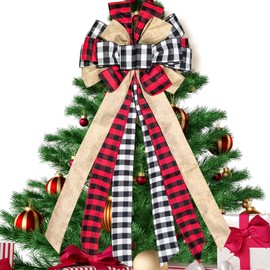 Large Christmas Tree Topper 13 x 30 Inch Red and Black Burlap Buffalo Plaid Bow Rustic Farmhouse Holiday Decoration for Wreaths, Garlands, Front Door, and Outdoor Decor