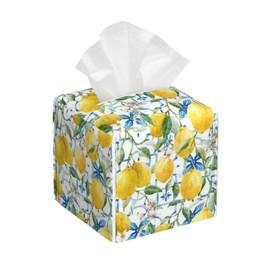 Watercolor Lemons Leather Tissue Holder,Blue Tiles Square Tissue Box Cover with Bottom Belt,Modern Decorative Facial Tissue Paper Cover for Bedroom Nightstand Vanity Desk Office,5.2" x 5.2" x 5.2"