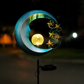 Solar Moon Lights with Crackle Glass & Golden Stars, Waterproof Pathway Stake Lights for Lawn, Patio, Yard (1 Pack, Blue)