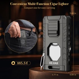 KEJIAR Cigar Lighter, Cigar Torch Lighter, 3 Jet Flame Butane Lighter, Built-in Punch, Draw Enhancer and Serrated Cutter, All-in-One Cigar Accessories for Men Gift (Grey)