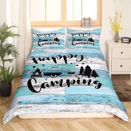 Camper Adventure Duvet Cover Set Queen Size,Happy Camping RV Trailer Decor Bedding Set 3pcs for Kids Boys Girls Adults,Rustic Farmhouse Wooden Door Comforter Cover,Blue Retro Quilt Cover,2 Pillowcases